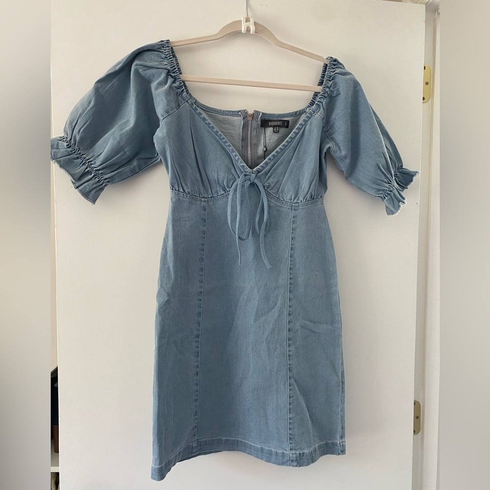 Missguided Blue Tie Front Milkmaid Denim Mini Dress size US 6 in blue